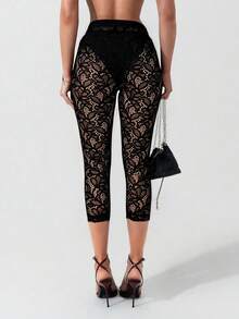 Women's Elegant Lace Trim Patchwork Capri Leggings, Spring/Summer - Black - View 4