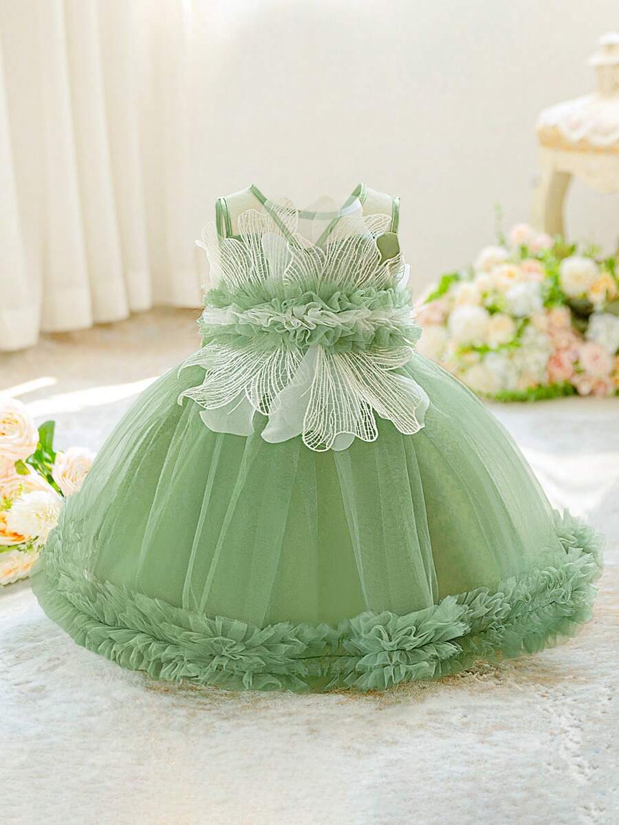 Baby Girls' Round Neck Bow Ruffle Mesh Cute Wedding Flower Girl Dress, Suitable For Party, Holiday, Vacation, Does Not Include Headband - Multicolor - View 1