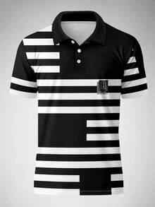 男士休闲字母条纹印花短袖Polo衫 - 彩色 - 查看 4