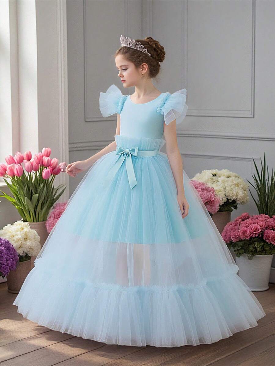 Vestido largo de satén y tul de unicolor para niñas con lazo en la cintura, elegante y para fiesta de cumpleaños, sin diadema