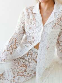 Womens Valentine's Day See Through Lace 2 Piece Outfits Feather Trim Long Sleeve Button Down Mesh Shirts And Pants Set - 白色 - 查看 8