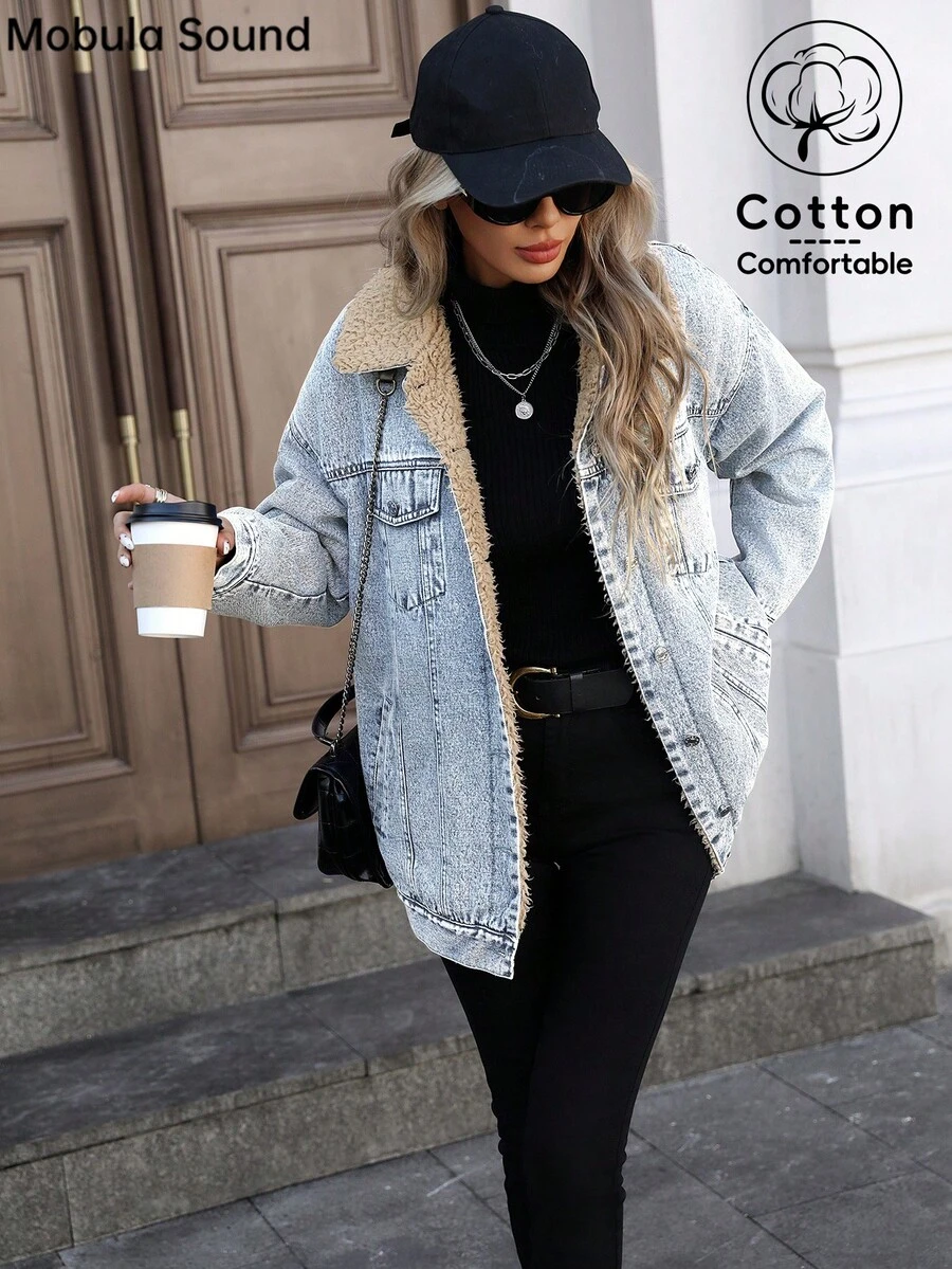Mobula Sound Casual Sporty Fashion Women's Spring Autumn Winter Thermal Lined Anti-Cold Jacket, Blue Y2K School Student Style, Young Denim Coat