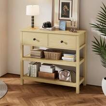 Retro-Konsolentisch, Konsolentisch Holz Schmal, Konsolentisch Mit Schubladen Und Offene Regale Für Flur, Eingang Und Wohnzimmer, Natur - Apricot - View 5