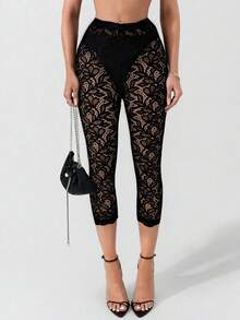 Women's Elegant Lace Trim Patchwork Capri Leggings, Spring/Summer - Black - View 5