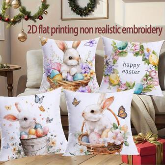 4 piezas Fundas de almohada impresas de terciopelo melocotón de Pascua, 18" X 18" - Fundas de cojín decorativas con estampado de conejo y huevo de Pascua, adecuadas para sala de estar, dormitorio, sofá, cama, decoración exterior, insertos de almohada no incluidos