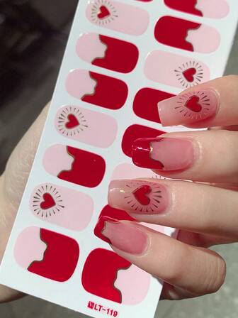 2 Sheets Valentine's Day Full Wrap Nail Stickers Polish Strips Gradient Stickers Glitter Self Adhesive DIY Art Decals Strips For Valentine Decor