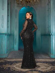 Damen Große Größen Glitzernde Strass-Abendkleider Mesh Meerjungfrau Brautjungfer Hochzeitsgast Cocktailparty Maxikleider Gala Abschlussball Herbst - Schwarz - Übersicht 2