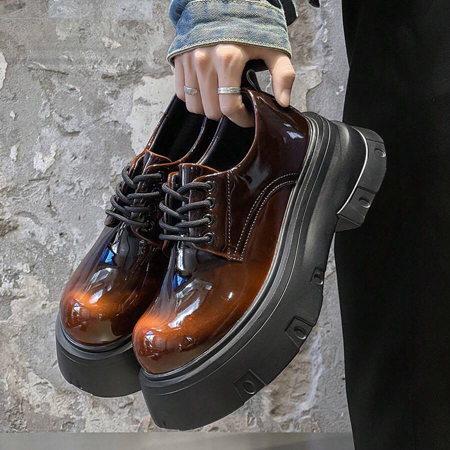 Retro Style Youth High-Rise Bright Surface Thick Bottom Big Head All-Match Derby Shoes  Shoes Business Casual Formal Wear Derby Shoes - QL951256紅色 - 查看 1