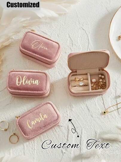 1pc Personalized Velvet Jewelry Box, Customizable Travel Jewelry Storage Box, Elegant Bridesmaid Gift, Birthday Gift For Her, Mother's Day & Valentine's Day Memento, Rectangular Zipper Design, Travel Jewelry Storage, Elegant Memento, Zipper Box, Jewelry Box