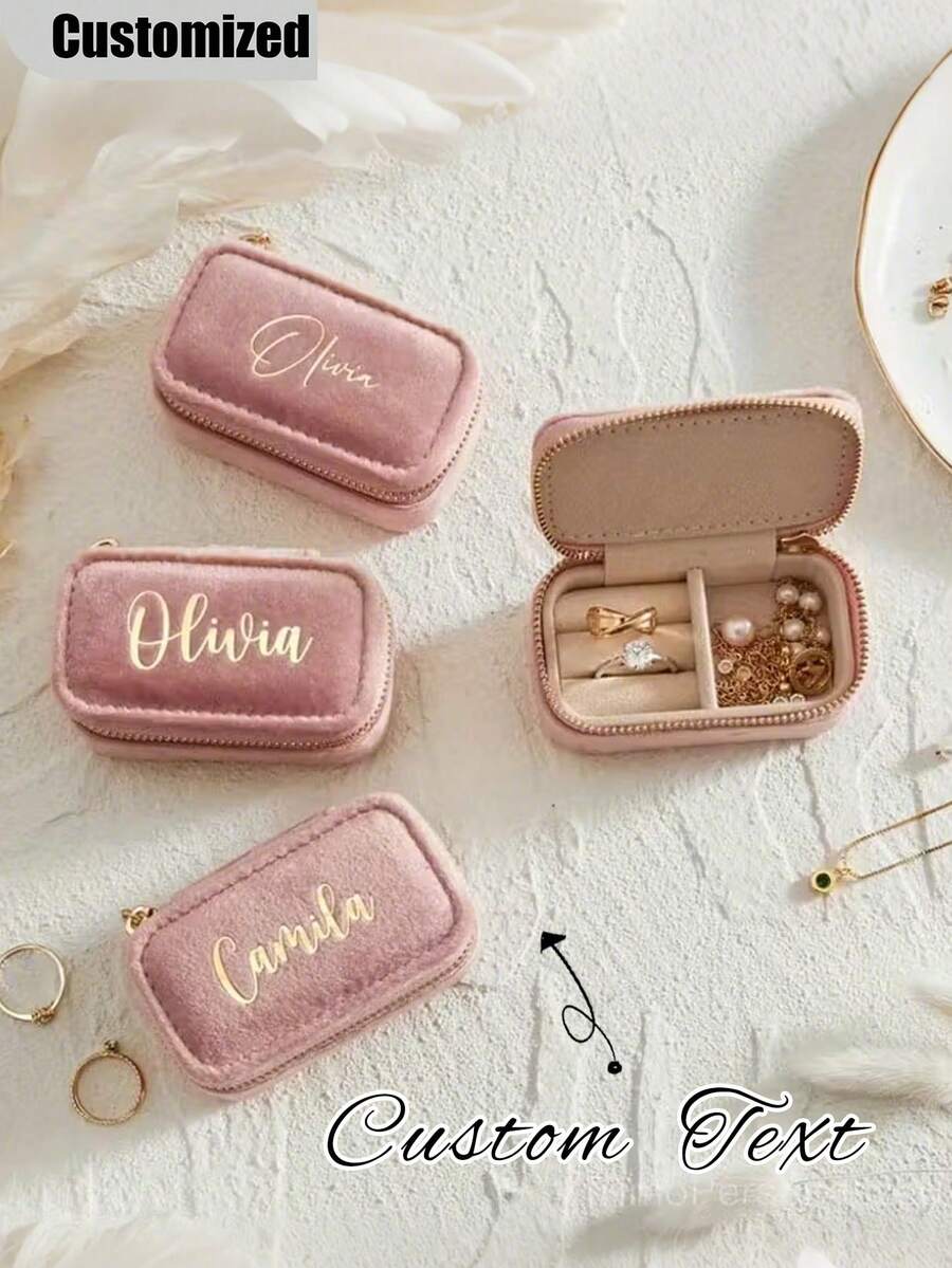 1pc Personalized Velvet Jewelry Box, Customizable Travel Jewelry Storage Box, Elegant Bridesmaid Gift, Birthday Gift For Her, Mother's Day & Valentine's Day Memento, Rectangular Zipper Design, Travel Jewelry Storage, Elegant Memento, Zipper Box, Jewelry Box