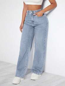 High Waisted Light Wash Blue Baggy Wide Leg Jeans For Women Casual Denim Pants - Màu xanh lam - Xem 2