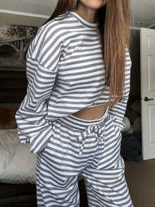 2-Piece Classic Striped Pajama Set: Crew Neck Top, Striped Pants, Casual And Stylish Pajama Set - 灰色 - 查看 5