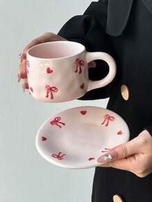 Conjunto de 1 xícara e pires de cerâmica com laço rosa, elegante xícara e pires de cerâmica floral, delicada xícara para chá da tarde, xícara para leite no café da manhã em casa, xícara para água, xícara para suco, xícara para café no escritório, xícara para café saudita, xícara para presente - Multicolorido - Ver 6