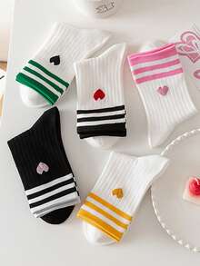 5 pares de calcetines hasta el tobillo para mujer con bloques de color, decoración de corazón, estilo lindo y dulce, casual, deportivo y escolar - Multicolor - Ver 5