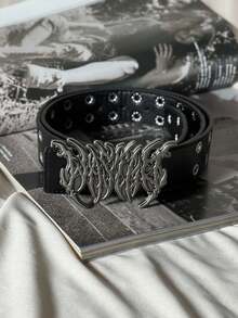 Plus Size Men's Belt, Leopard & Zebra Print Belt, European & American Street Style Goth Punk Inspired, American Cowboy Hip Hop, Hollow Out Rivet Black Leather Belt With Letter Flame Metal Buckle, Versatile For Hoodies, Jeans, Unisex - Multicolor - View 4