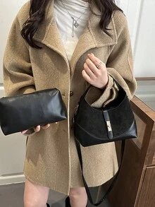 撞色设计饺子包，多功能通勤便携单肩斜挎包，手提包，适合日常通勤、休闲约会、购物等场合 - 黑色 - 查看 5
