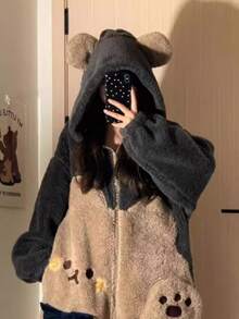 1件舒适毛绒棕熊连帽拉链连体衣，可爱甜美女士睡衣 - 彩色 - 查看 6