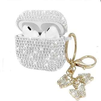 1 pieza Estuche para auriculares de plata brillante con strass y llavero con diseño de mariposa, compatible con Apple 1/2/3/Pro/Pro 2nd Gen, diseño creativo