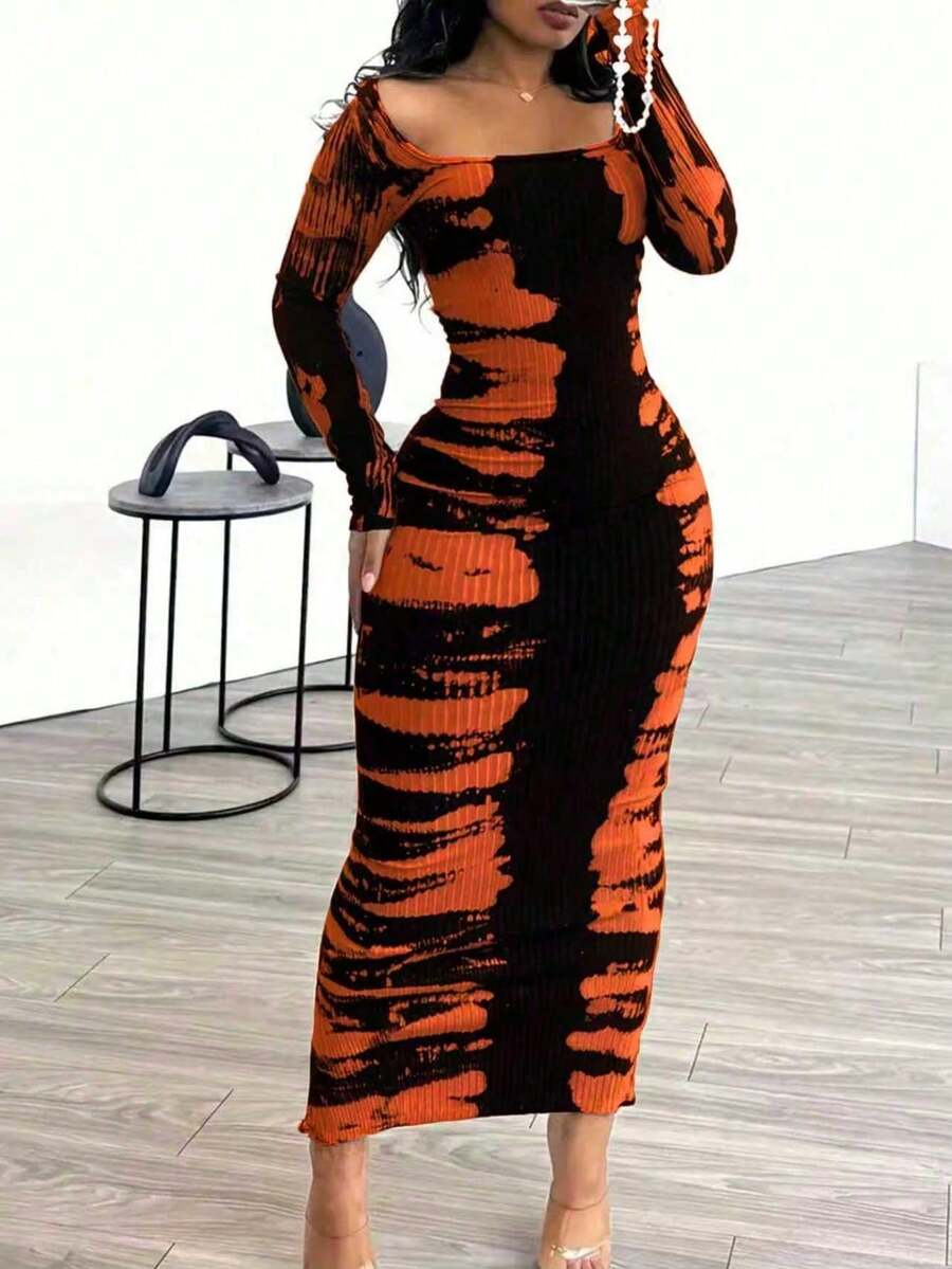 Spring And Summer Elegant Long-Sleeved Ankle-Length Tie-Dye Contrasting-Color Print Tight-Fitting Dress, Sexy Tight-Fitting Figure-Hugging Long Dress For Women - trái cam - Xem 1