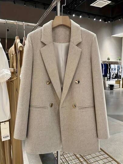 Women's Elegant Double Breasted Light Grey Mixed Blazer - Forever Fashionable Women's Classic | - Versatile Wardrobe Essential Solid Color Button Pocket Front Buttons