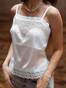 Women Satin Lace Trim Cami Tops Spaghetti Strap Asymmetrical Lace Shirt Y2k Satin V Neck Layering Tank Top - 白色 - 查看 2