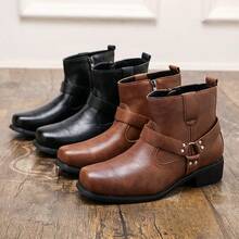 时尚机车风黑色切尔西踝靴，男士复古做旧皮革皮带扣装饰，防滑粗跟踝靴，适合日常通勤，男士高帮皮鞋 - 黑色 - 查看 11