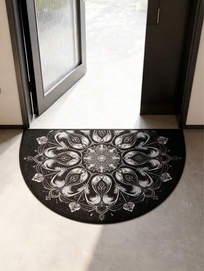 1pc Semi-Circle Black Base White Flower Pattern Decorative Doormat, Entrance Mat, Small Rug, Welcome Mat, Carpet, Floor Mat, Outdoor Doormat, Kitchen Rug, Home Decor, Front Door Mat, Area Small Rug, Outdoor Mat, Home Decor, Area Rug, Garden Carpet, Washable Rug