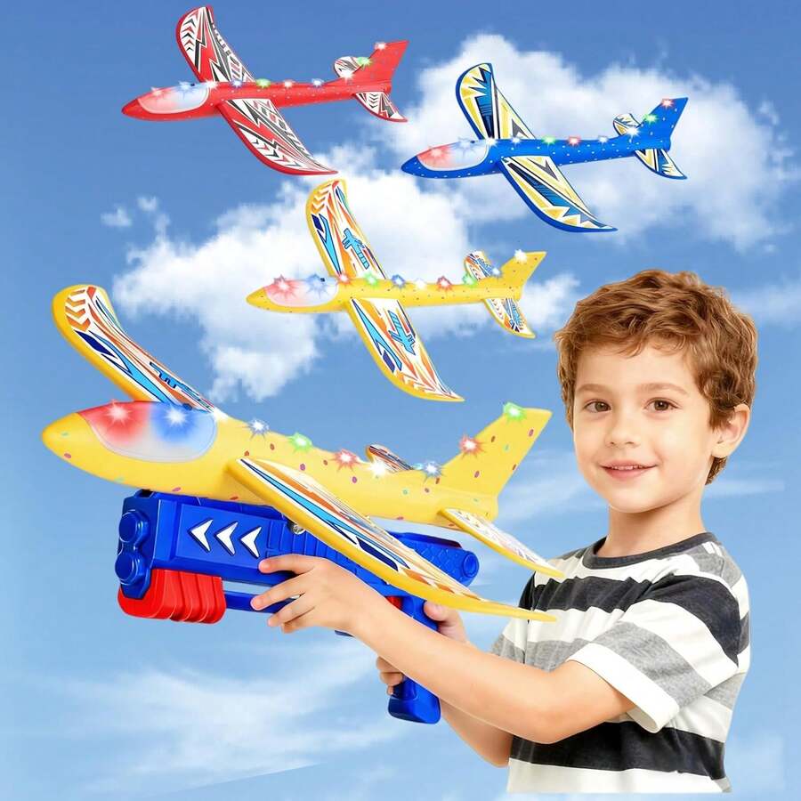 Aviones de Juguete para Niño, 3Pzs Juguetes Lanzadores de Aviones de 2 Modos, 4 en 1 Avión de Juguete de Espuma con LED, Juguetes Exterior para niño, Regalo para Niño de 3 años+ - 1 - Ver 1