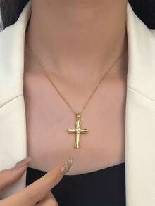 1 chiếc vòng cổ thép không gỉ hình thánh giá và đá Cubic Zirconia phong cách Châu Âu thời trang - Vàng - Xem 9