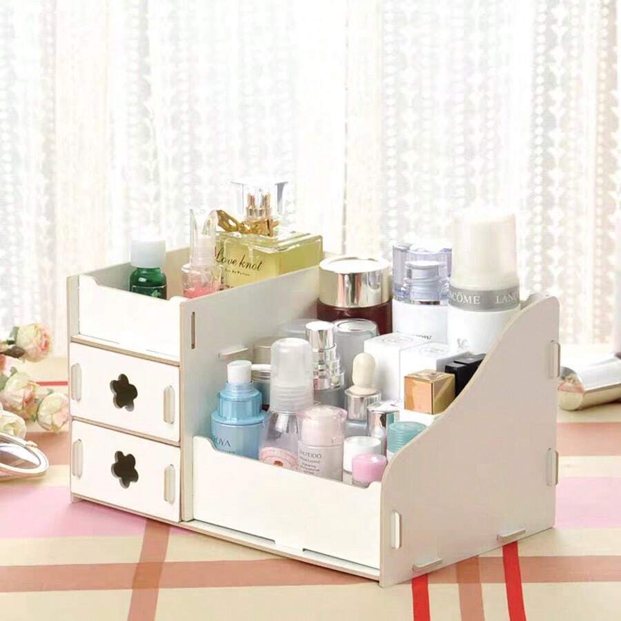 Caja organizadora de cosméticos para escritorio, organizadora de tocador con cajones para joyas y productos de cuidado de la piel, caja de almacenamiento de madera ensamblada para maquillaje - Blanco - Ver 1