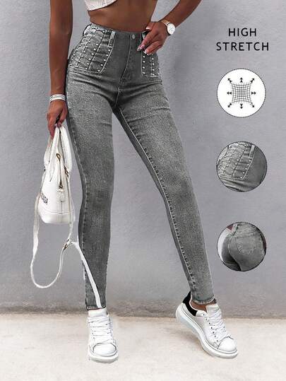 Women's High Waist Skinny Jeans - Embellished With Beads, Versatile Fit