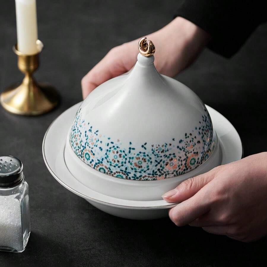 1 Set 500 Ml Eid Mubarak Deep Round Bowl With Dome Lid, Ceramic Ramadan Kareem Islam Plate Multi Purpose For Serving Soup Salad Cereal Or Dessert At Home Restaurant Or Ahlan Ramadan Eid Mubarak Salam Party, Arabia Style Ceramic Bowl With Lid New Bone China Snack Bowl Deep Fruit Serving Plate Dessert Tray - Multicolor - View 1