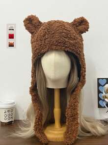 Cute Bear Ear Trapper Hat, Women's Autumn/Winter Knitted Earflap Beanie, Thermal Lined Bear Ear Knit Ski Cap, Thick Warm Hat For Women - Little Ears Bear Lamb Fleece - View 2