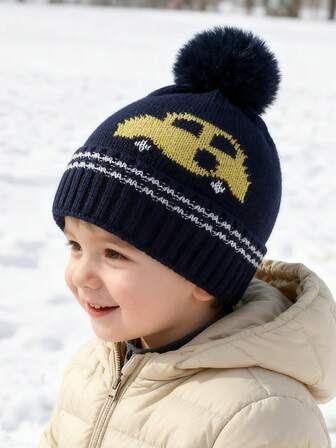 1 pieza Gorro de punto con diseño de carro de dibujos animados lindo para niños, cálido y protector, gorro de punto minimalista adecuado para actividades al aire uso diario