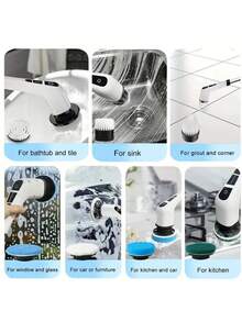 Lavadora eléctrica centrifugadora mejorada (2026), inalámbrica y ajustable de dos velocidades, con mango ajustable y extraíble, y 9 cabezales de cepillo reemplazables para suelos, baños, bañeras y azulejos. - Blanco - Ver 3