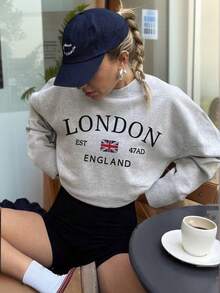 Women's Autumn/Winter New Simple Fashion London Letter & National Flag Print Casual Round Neck Light Gray Long Sleeve T-Shirt, Versatile & Suitable For Daily Wear - Light Gray - View 6