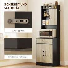 Kitchen Cabinet With Worktop And Cable Management, Modern Kitchen Chest Of Drawers With Drawer, 3 Open Shelves, Natural Wood, Black