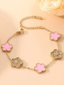 1件装时尚不锈钢镶钻五瓣花手链，优雅珍珠母贝奢华手链，女士款 - 鑲鑽五葉花貝母手鍊 - 查看 17