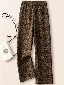 女士豹纹梭织直筒裤，抽绳腰带，休闲日常穿着，全身豹纹印花，度假必备 - 棕色 - 查看 2