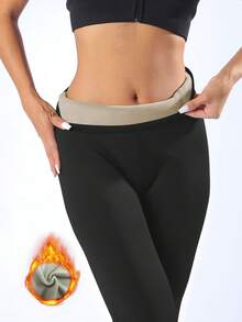 女士保暖打底裤 冬季保暖高腰瑜伽裤 冬季加厚天鹅绒弹力保暖打底裤 弹力高腰紧身黑色打底裤 - 黑色 - 查看 1