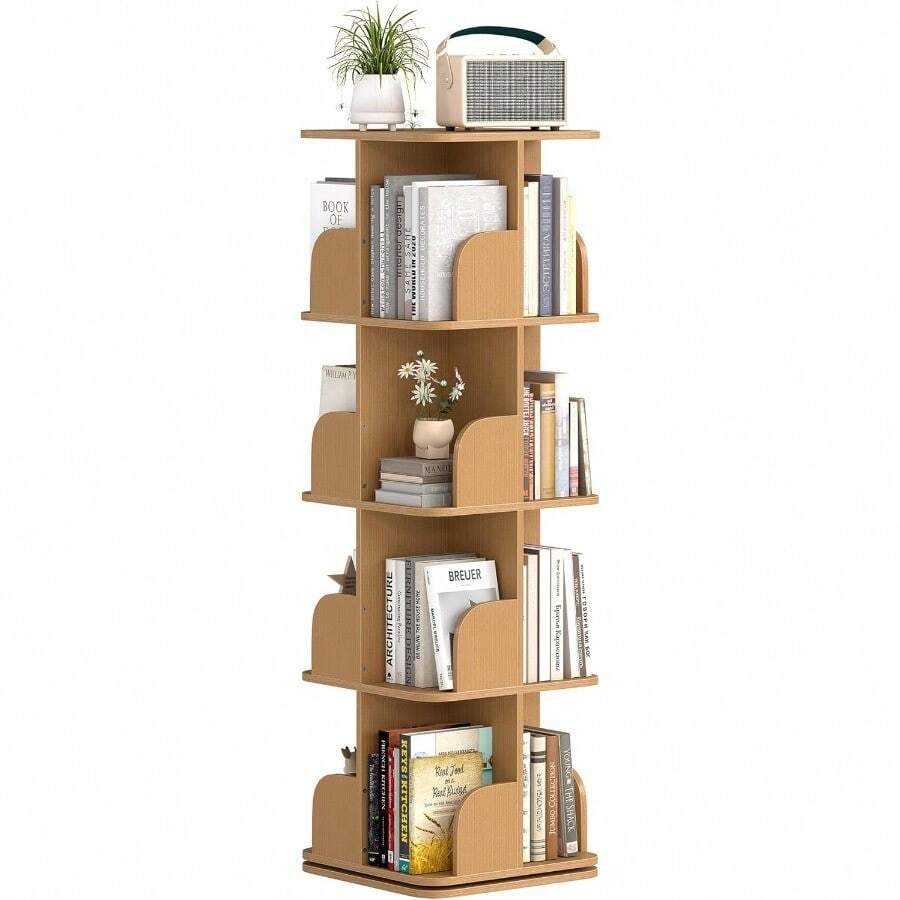 Rotating Bookshelf 4-Tier Corner Bookcase 360° Revolving Bookcase Square Revolving Book Shelf Wood Colour - As Pic - View 1