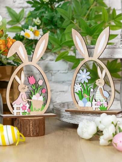 2 Creative Wooden Craft Bunny Openwork Ornaments, Artificial Wood Easter Ornaments, Pink And Blue, DIY Wooden Easter Egg Slice Decorations, Universal Holiday Decorations, No Electricity Required, Suitable For Featherless Decorations.