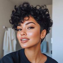Elegant Fluffy Curly Pixie Short Wig With Bangs, Layered Curly Hair Design For Comfortable Wear, Rose Net Cap No Glue Needed, Suitable For Daily, Party, Christmas, New Year And K-Pop Culture - Natural Black - View 8
