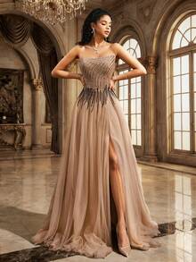 VIPGIRL 香槟色无肩带高开衩薄纱长款晚礼服，饰以精致串珠，优雅女士派对礼服 - 卡其色 - 查看 3