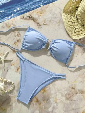 女士时尚露背U领比基尼泳衣，天蓝色挂脖式度假沙滩泳装