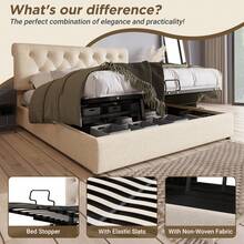 (=777898AAN) Hydraulically Adjustable Upholstered Bed 140x200cm, Adjustable Headboard, Double Bed With Metal Slatted Base, Modern Bed Frame With Storage Space, Natural, Mattress Included - Beige + Linen - View 4