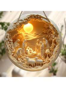 1pc 2D Wooden Jesus Nativity Scene, Christian Wooden 20*20cm Round Hanging Christmas Wreath Decor, Room Decor, Wall Decor, Home Decor, Christmas Decor, Living Room Decor