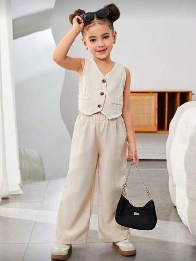 2件套女童条纹无袖上衣和宽松休闲裤套装