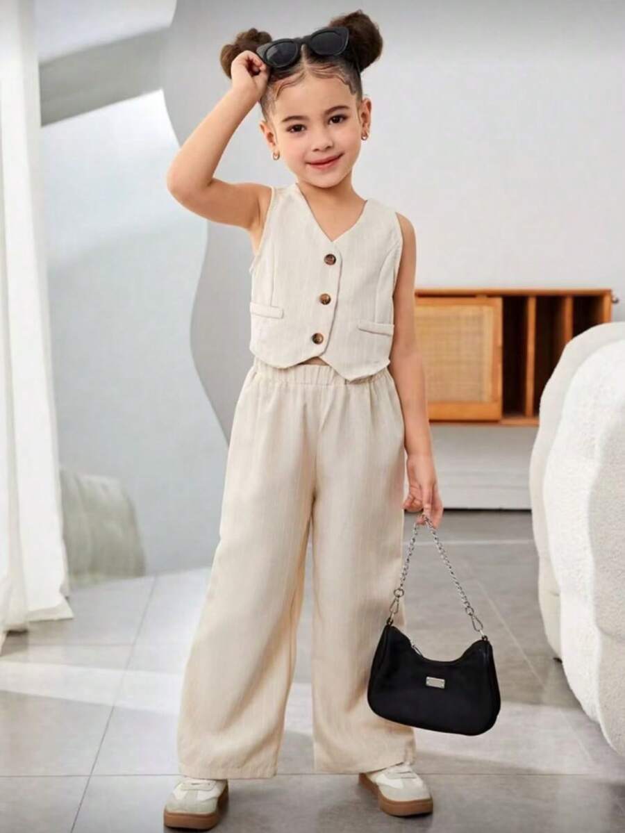 2件套女童条纹无袖上衣和宽松休闲裤套装 - 杏色 - 查看 1