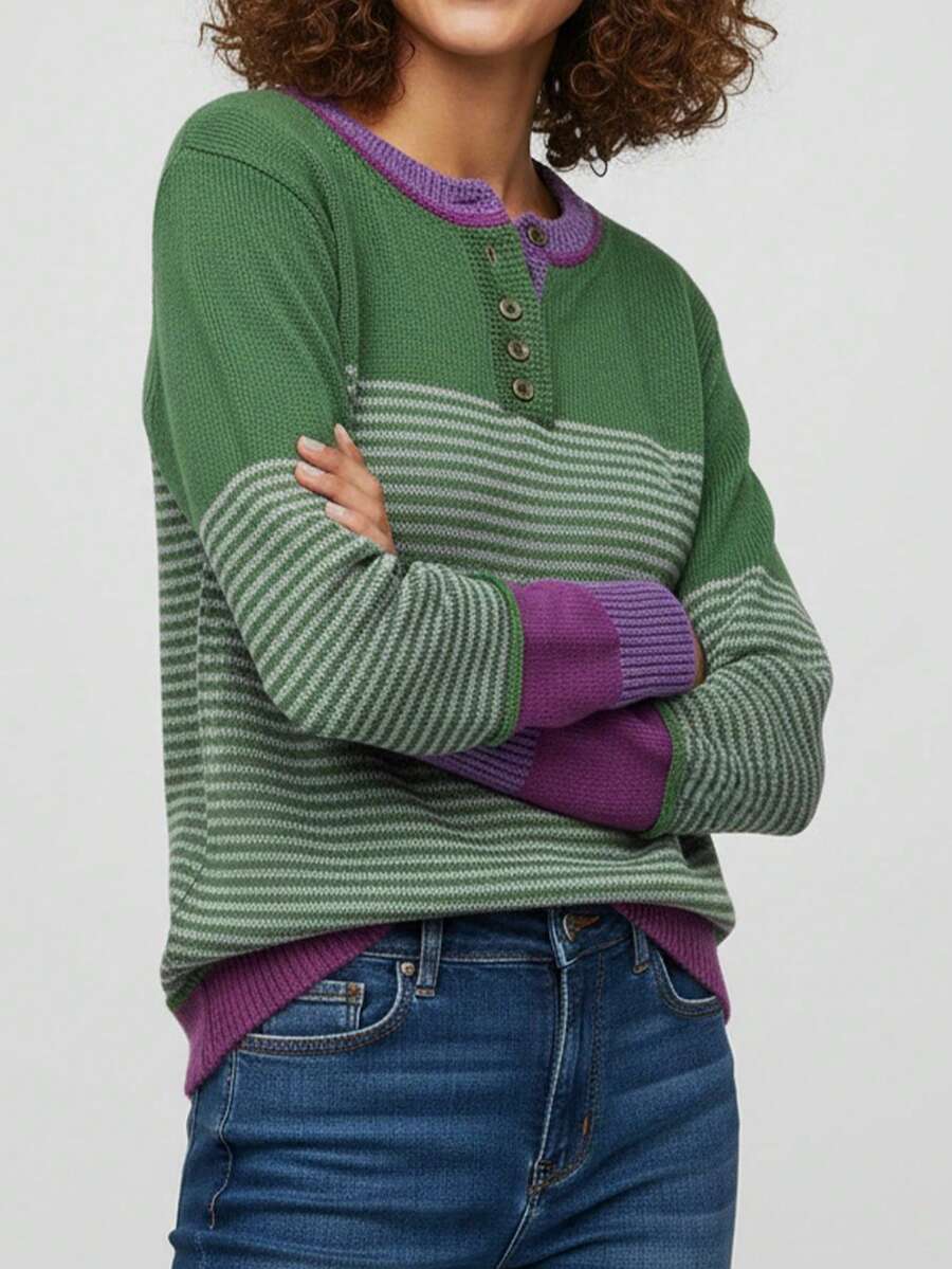 Blusa de punto de bloques de colores, suéter informal y elegante con cuello de media cremallera, versátil